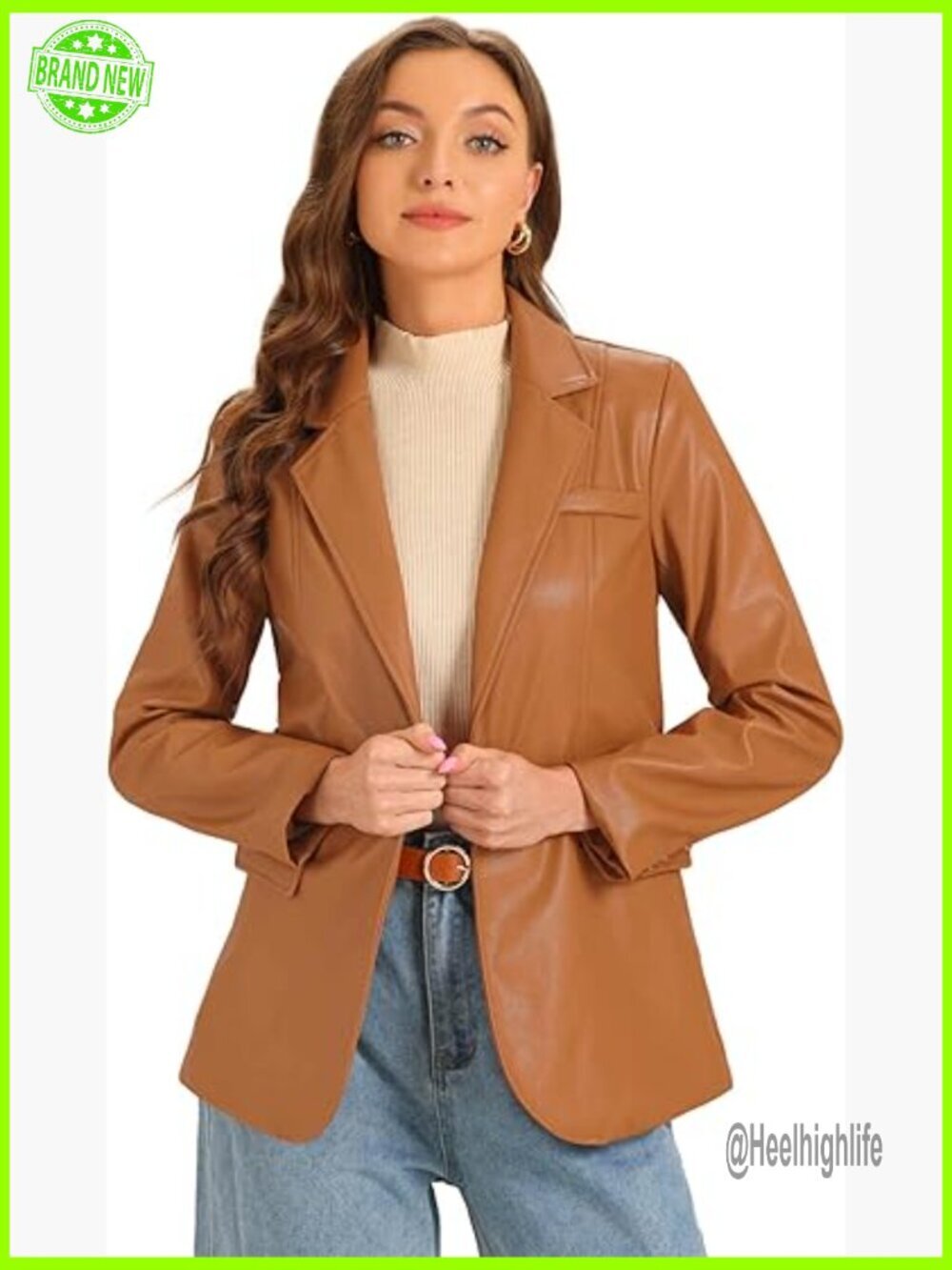 Faux Leather Biker Jacket Oversized Blazer Notch Lapel Pockets